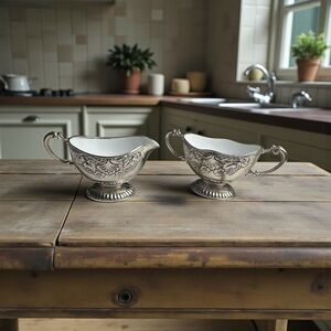 Vintage EP Zinc Diminutive Silver Plated Sugar & Creamer Bowls/Country Cottage